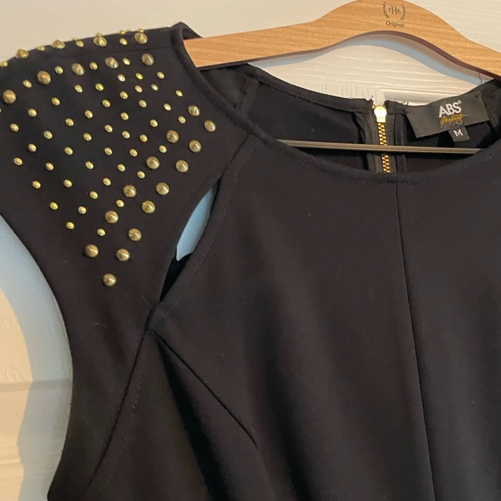 ABS Allen Schwartz Black Cocktail Dress with Gold Metal Cap Sleeve (Size Medium) - Picture 2 of 6